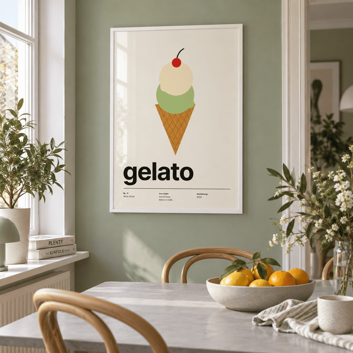 Gelato cone with cherry print in a dining room against a sage wall
