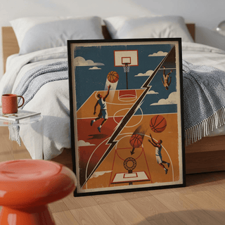Sports poster with angular divider, court markings, and simplified player silhouettes