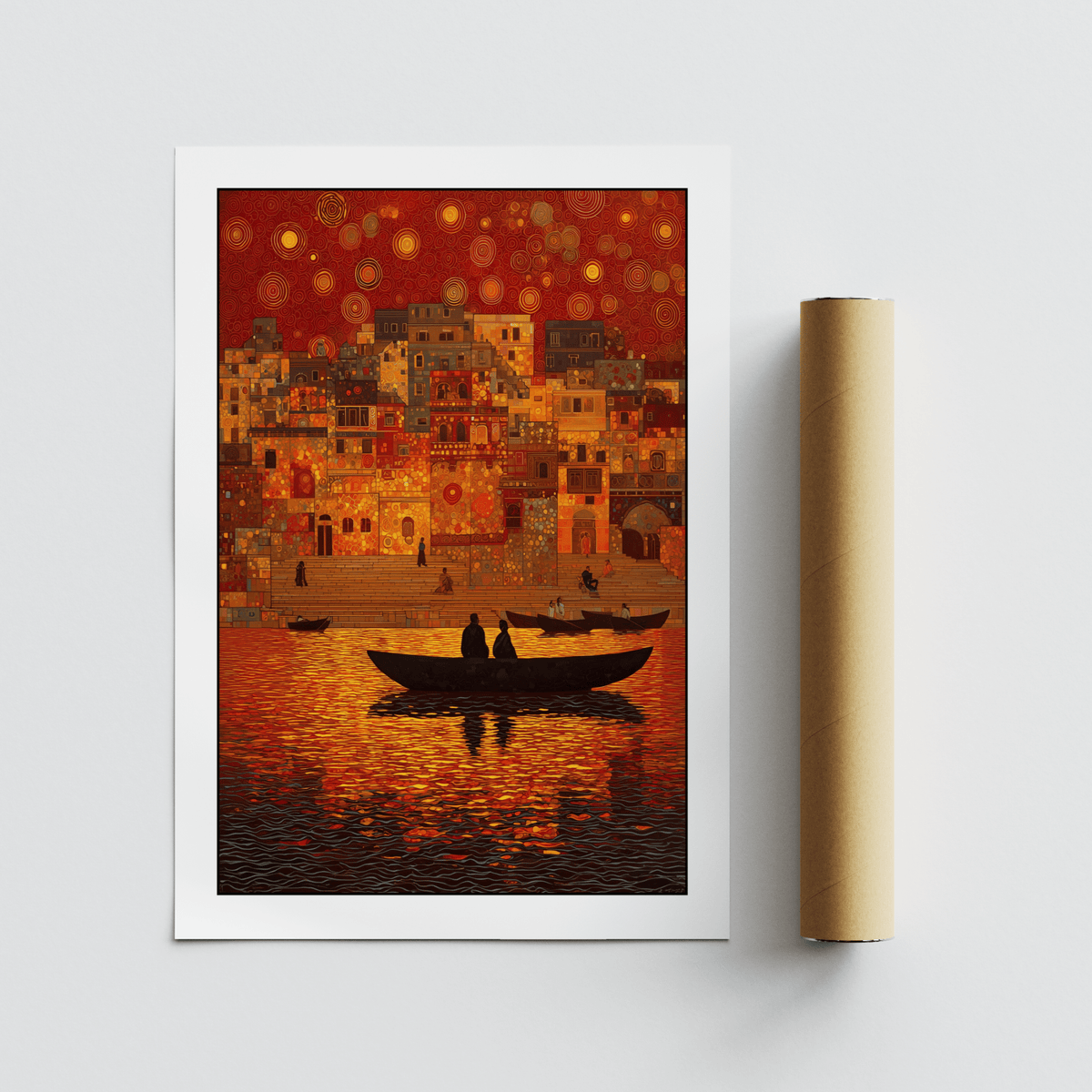 Wide horizontal composition of river, stone steps, and layered cityscape blocks
