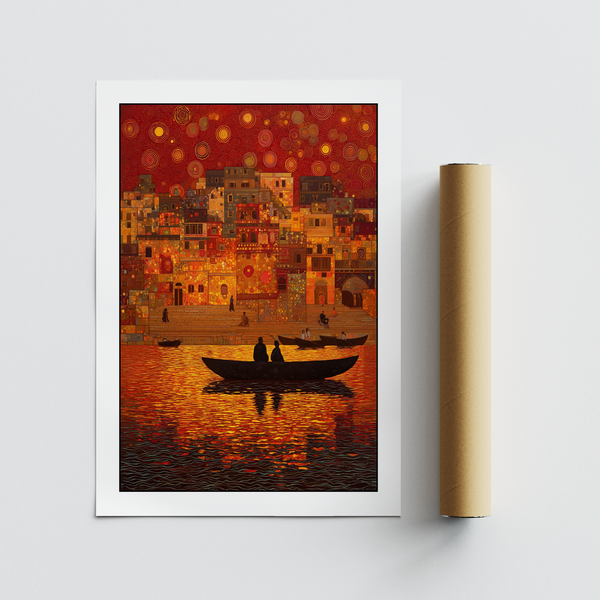 Wide horizontal composition of river, stone steps, and layered cityscape blocks