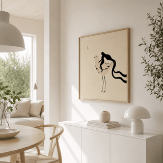 Illustrated bird wall art featuring a seated figure silhouette and negative space