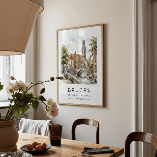 Belgian travel wall art showing Bruges tower rising above canalside homes