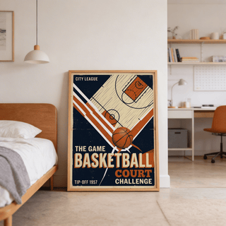 Retro Sports Wall Art poster with basketball ball graphic and diagonal striping