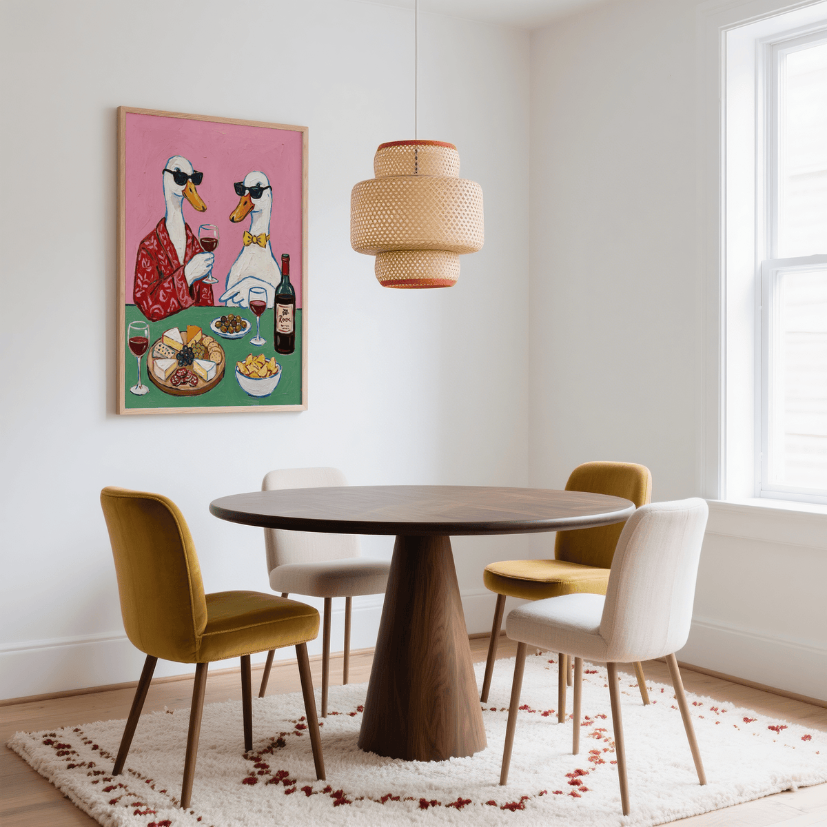 Wine and Cheese Poster art print, perfect for dining area in Pink and Multicolored