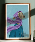 Dressed up Dog Art poster in gray shades, purple highlights for study room