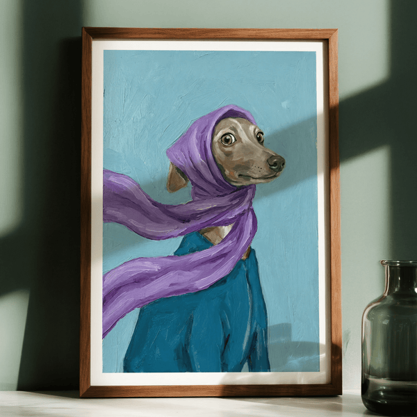 Dressed up Dog Art poster in gray shades, purple highlights for study room