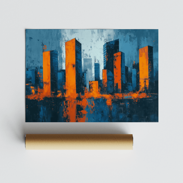Vibrant Cityscape Wall Art in blue and orange for modern art print