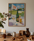 Watering Hole Golf Art Print showing drinks on a table, golf ball detail, and a course flag in the background