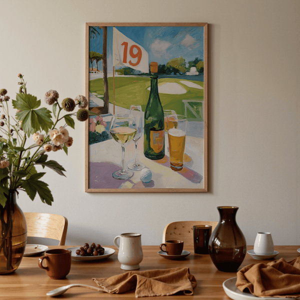 Watering Hole Golf Art Print showing drinks on a table, golf ball detail, and a course flag in the background