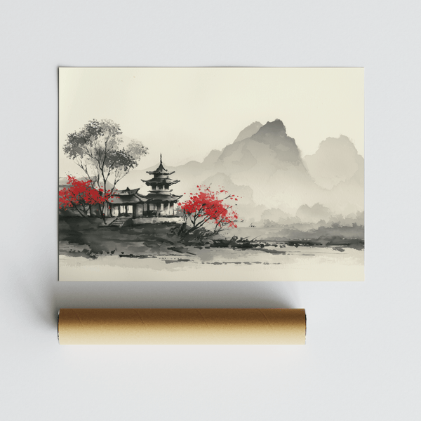 Chinese Landscape Art Print with East Asian theme, gray tones, red trees, for dining area