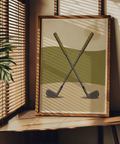 Vintage-style sports wall art print featuring crossed club shafts and iron heads
