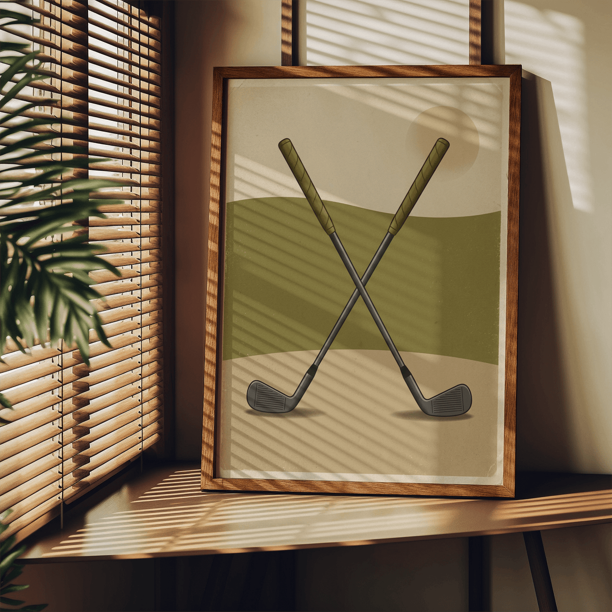 Vintage-style sports wall art print featuring crossed club shafts and iron heads