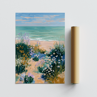 Bedroom wall art, Coastal Flower Print with blue purple beige