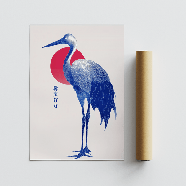 Blue Crane Art Print in Red and Blue, modern kitchen wall art