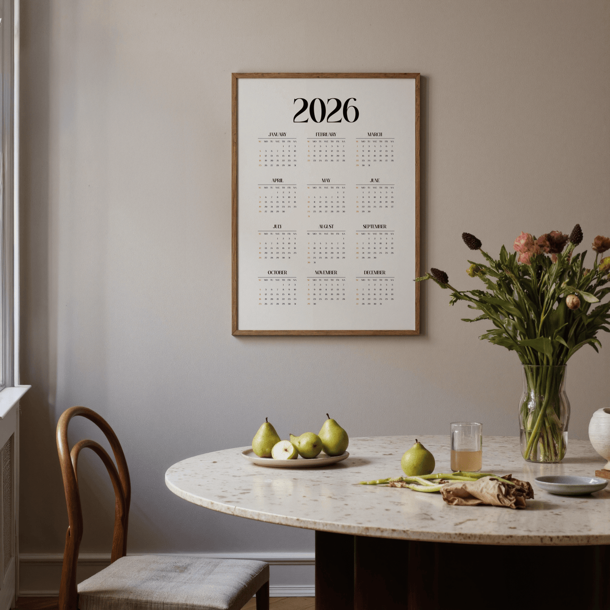 Wall Calendar Print, artistic black colors, hallway wall art