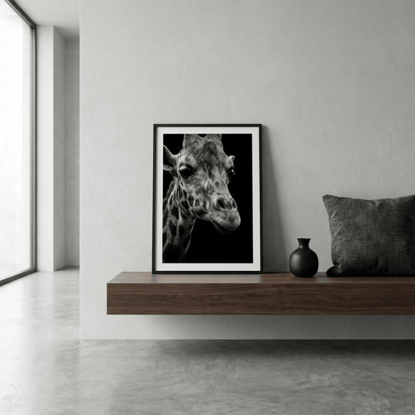 Monochrome giraffe wall art print with gentle sideways gaze