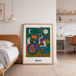 Top area of poster print with the text “COSMIC GARDEN RITUAL, 1977” above stars and moons