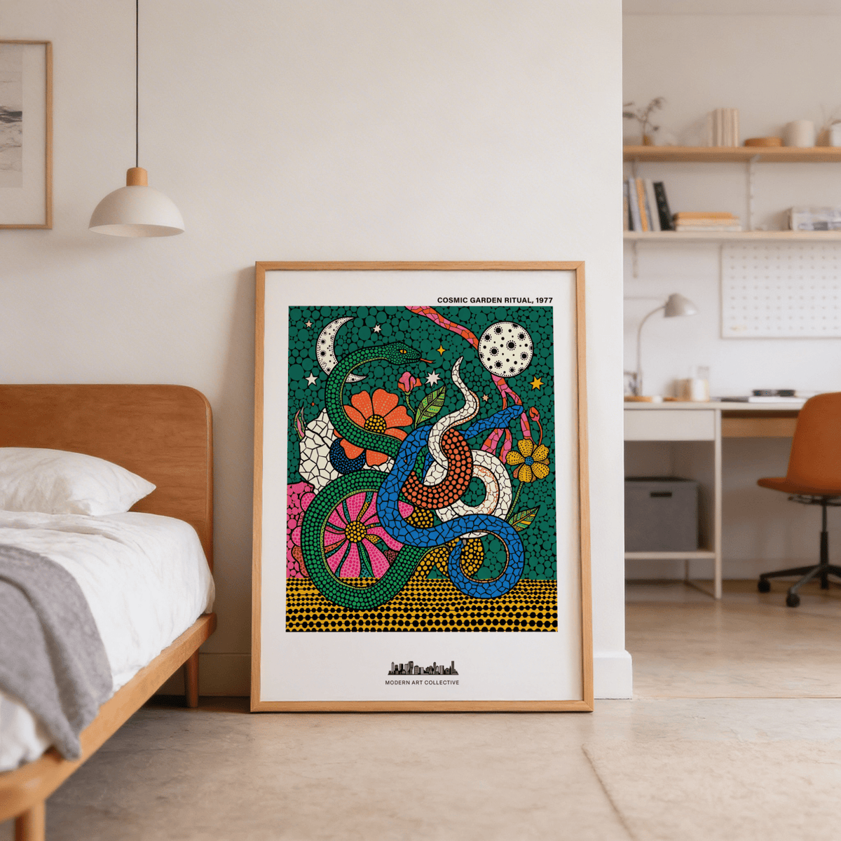 Top area of poster print with the text “COSMIC GARDEN RITUAL, 1977” above stars and moons