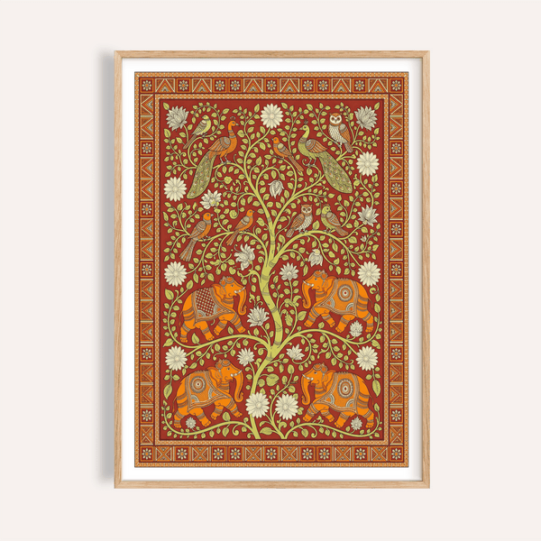Elephant Tree Wall Art poster featuring four patterned elephants under vine-laced tree