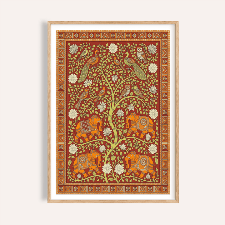 Elephant Tree Wall Art poster featuring four patterned elephants under vine-laced tree