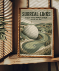 Fantasy Golf Wall Art poster with huge dimpled golf ball, flag on top, and winding fairway