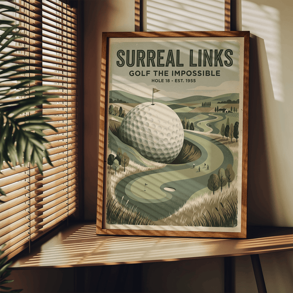 Fantasy Golf Wall Art poster with huge dimpled golf ball, flag on top, and winding fairway