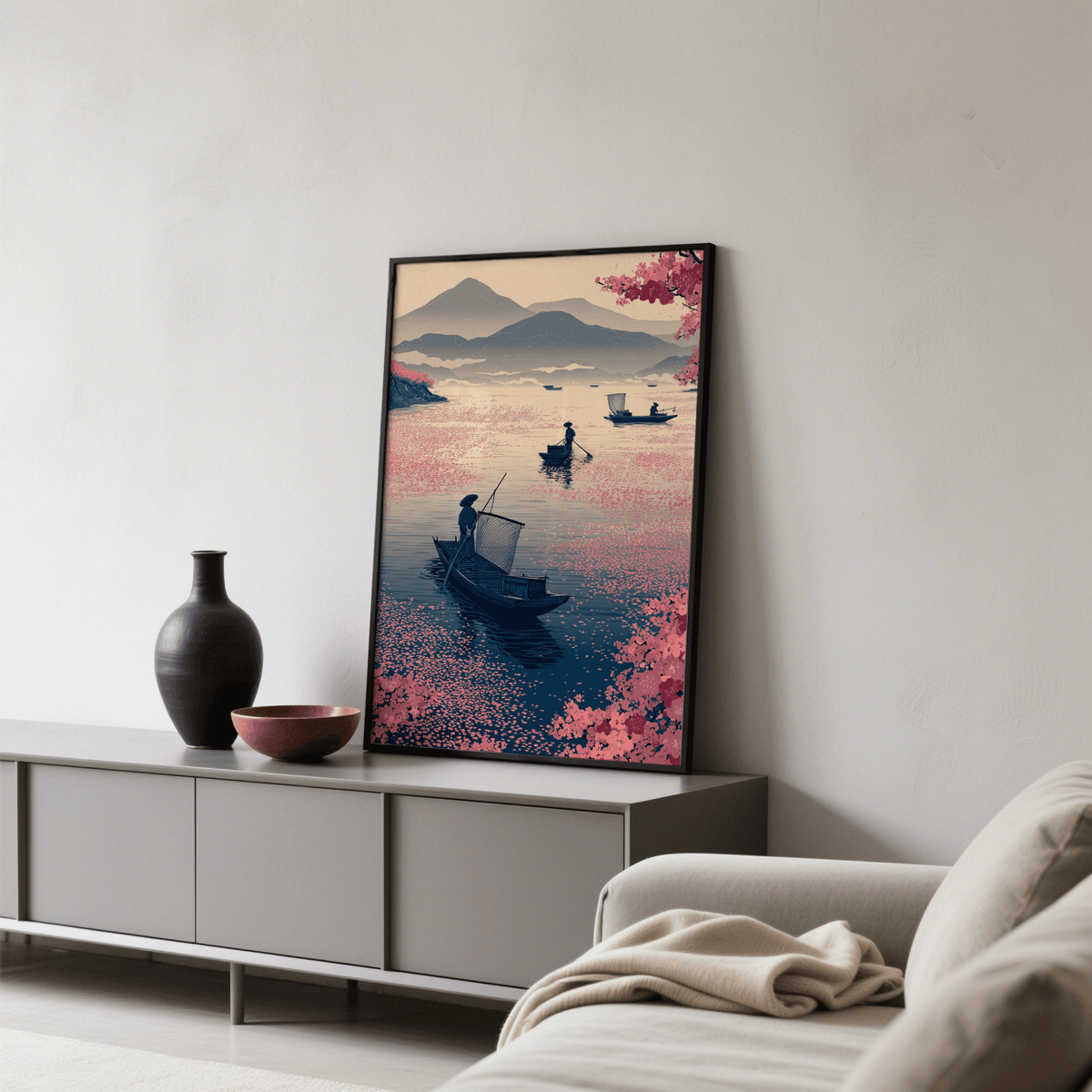 Foreground boat Zen Fishing Poster featuring a fisher with a net on rippled water