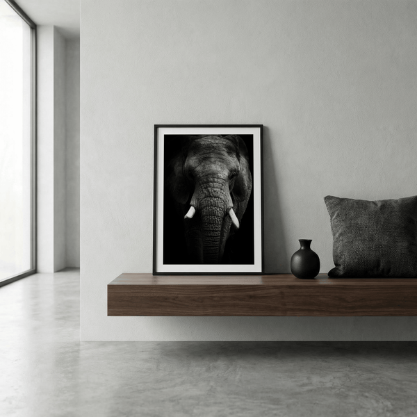 Dramatic elephant head poster in black and white with central composition