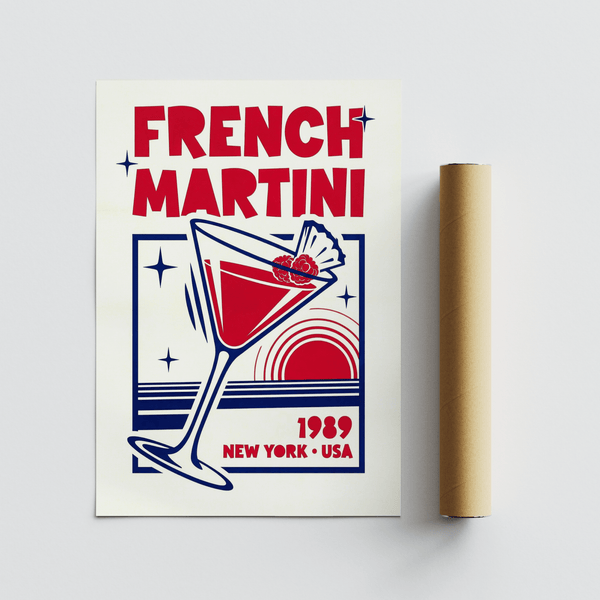 French Martini Art Print with bold Blue and Red for home bar wall art