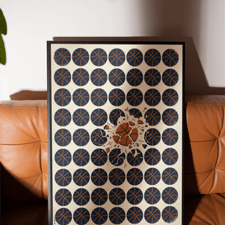 Basketball Burst Art Print with repeated basketball circles and cracked center motif