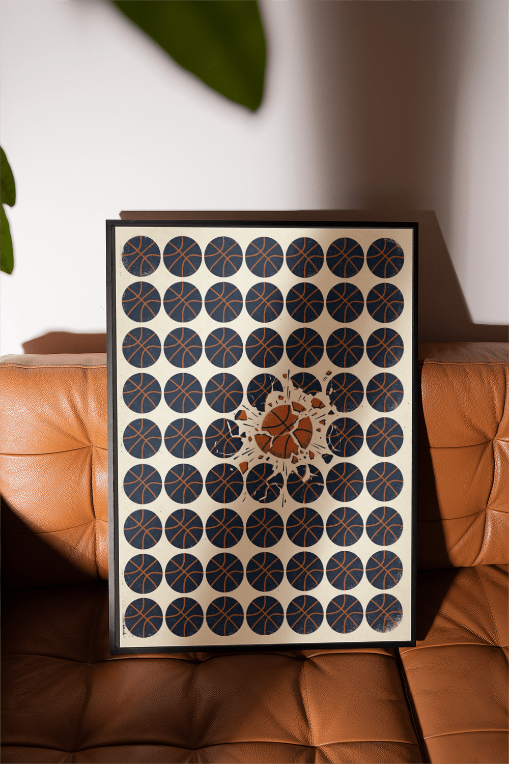Basketball Burst Art Print with repeated basketball circles and cracked center motif