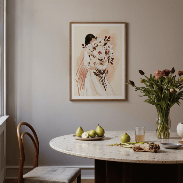 Watercolor floral wall art with pink, white, red, and beige petals