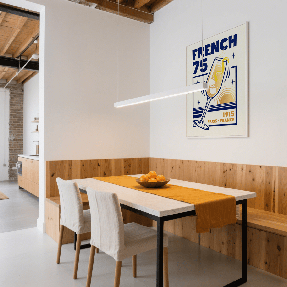 French 75 Art Print in vibrant yellow and blue for modern kitchen