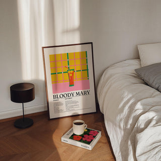 Bright retro drink poster with mustard yellow, red, and pink tones.