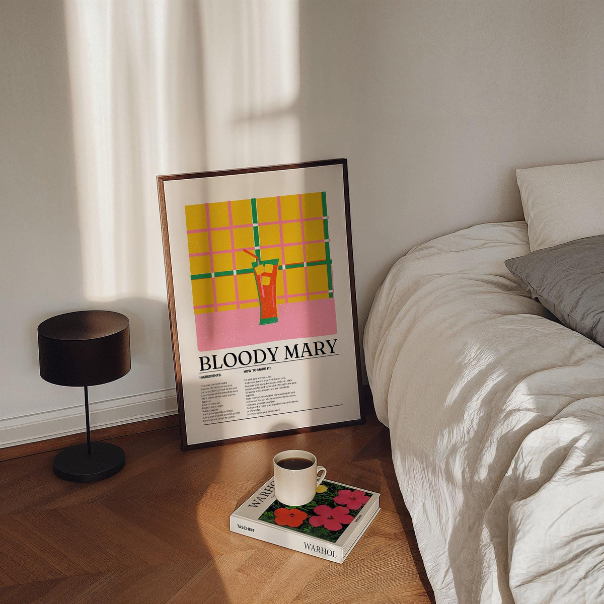 Bright retro drink poster with mustard yellow, red, and pink tones.