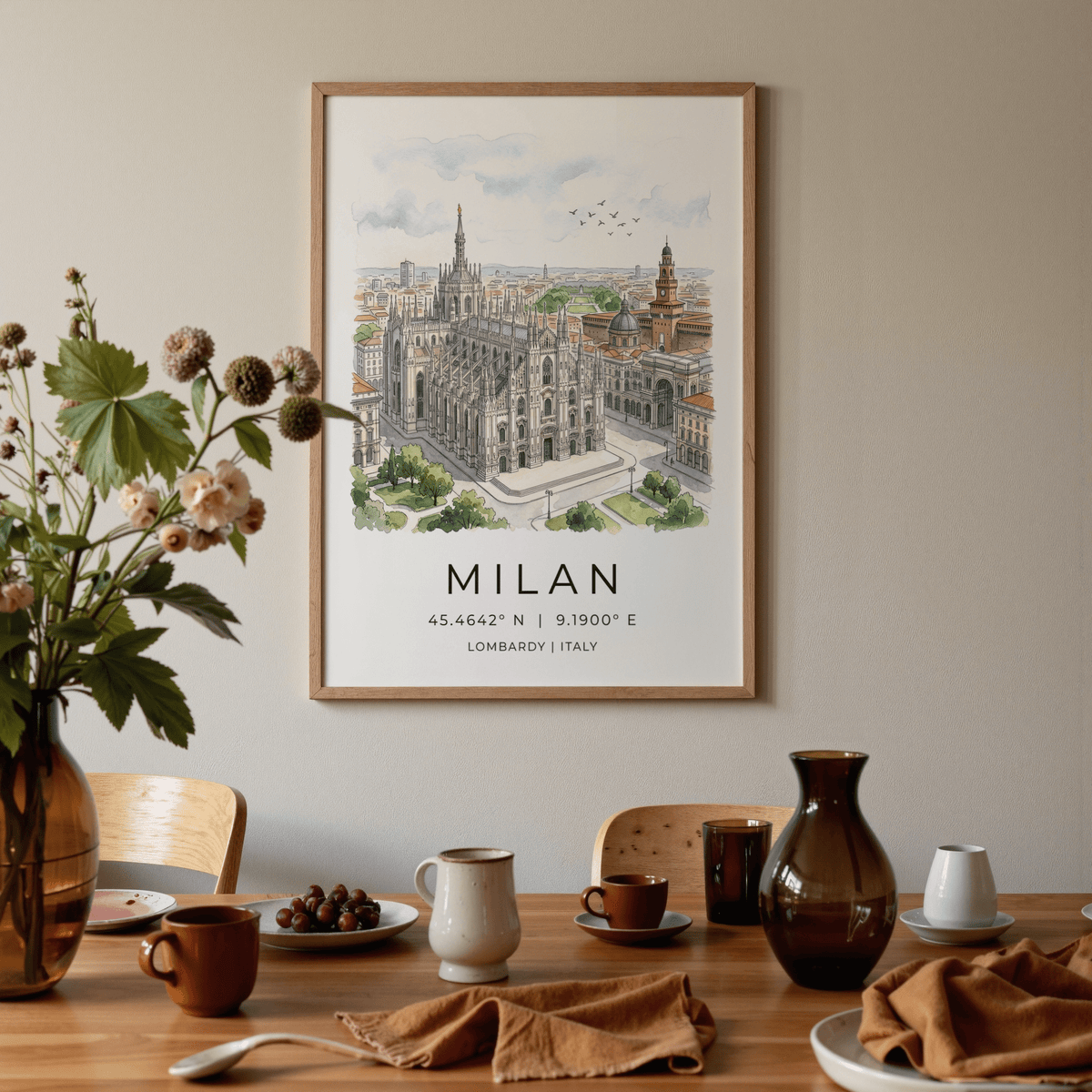 Sky detail from Milan poster print with soft wash clouds and a flock of birds above the city