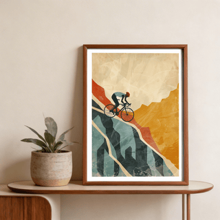 Angular mountain landscape poster with cyclist figure and distressed texture, Mountain Biking Art Print