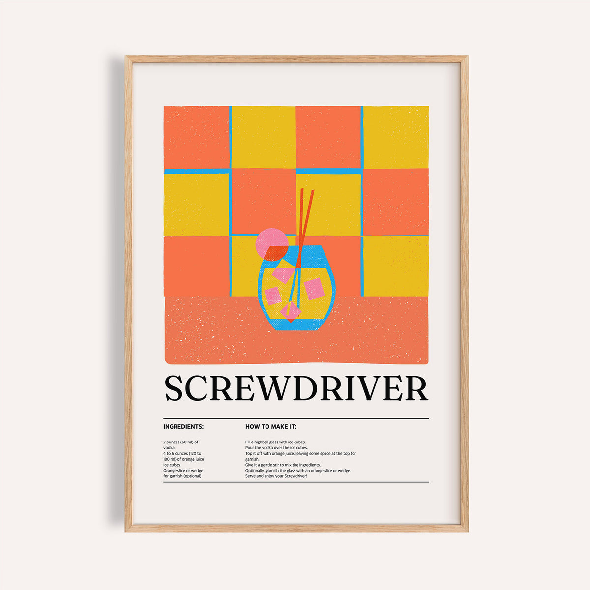 Screwdriver cocktail art prints kitchen design with orange and pink blocks