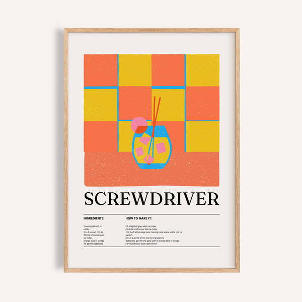 Screwdriver cocktail art prints kitchen design with orange and pink blocks