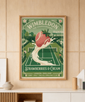 Featuring a tennis court poster print with net, stadium outline, and corner floral border