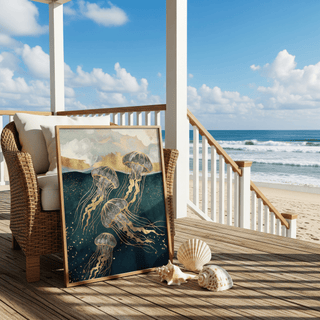 Modern Abstract Jelly Fish Wall Art in blue and gold for home office