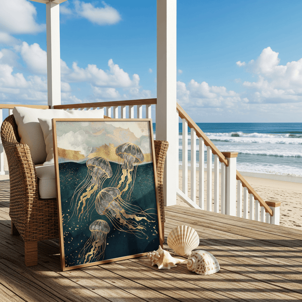 Modern Abstract Jelly Fish Wall Art in blue and gold for home office