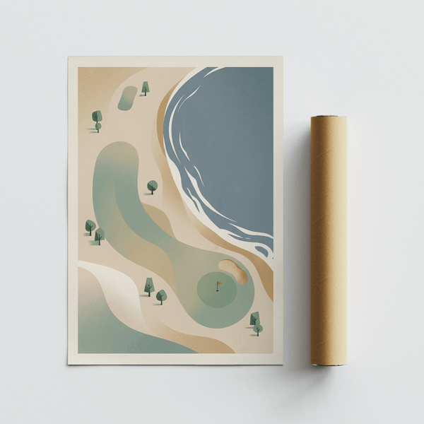 Vertical Coastal Golf Course Art Print showing shoreline waves beside a fairway and putting green