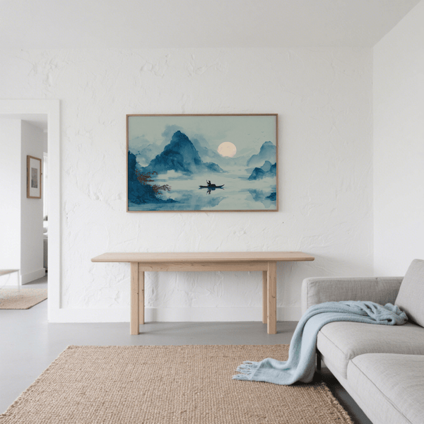 Zen Wall Art Print with mountain landscape in Blue for bedroom print