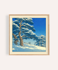Framed view of snowy pine trees poster with falling snow and sloped hillside