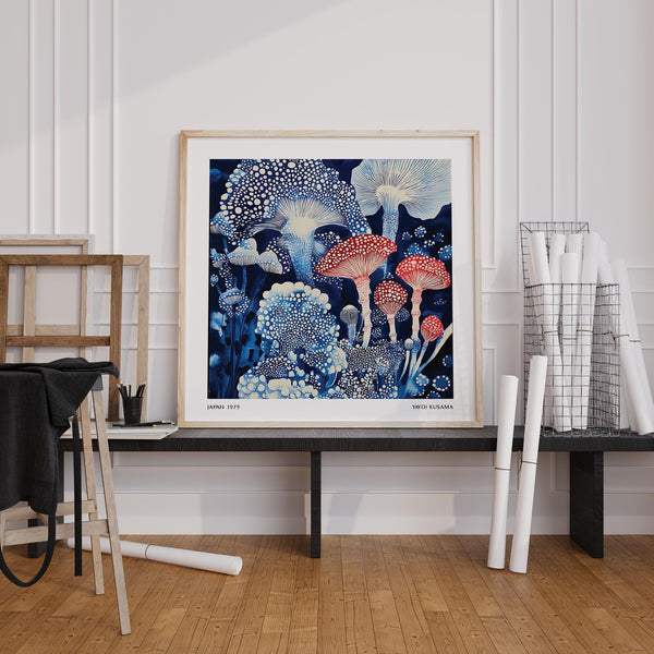 Bold mushroom-themed Japanese poster inspired by Yayoi Kusama’s visual language.