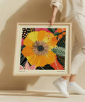 Kusama-inspired square print with bright yellow flower.