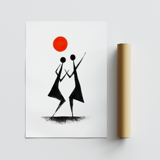 Abstract folk dance wall art print with simple heads and long limbs