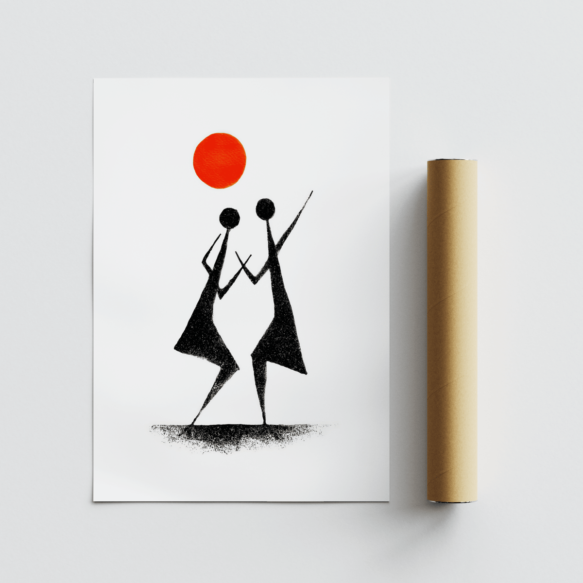 Abstract folk dance wall art print with simple heads and long limbs
