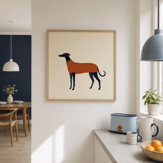 Greyhound Art Print flat orange shape over black contour lines